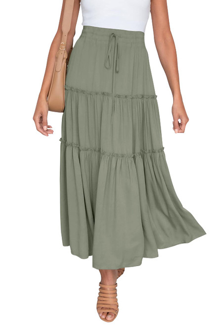 HAEOF Women's Boho Elastic High Waist A Line Ruffle Swing Beach Maxi Skirt with Pockets Green