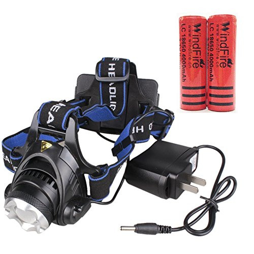 WINDFIRE 1800 Lumens CREE XM-L T6 LED Waterproof 3 Modes Design Zoomable Head LED Torch Flashlight with Charger and 2 x 18650 Rechargeable Batteries for Outdoor Hiking, Riding, Camping