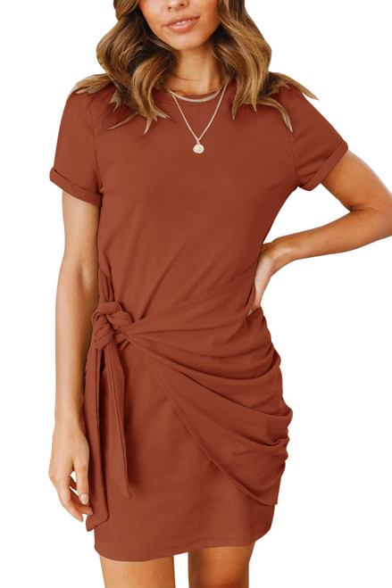 MEROKEETY Women's Short Sleeve Crew Neck T Shirt Dress Tie Waist Ruched Bodycon Mini Dress, Rust, L MEROKEETY Women's Short Sleeve Crew Neck T Shirt Dress Tie Waist Ruched Bodycon Mini Dress, Rust, L
