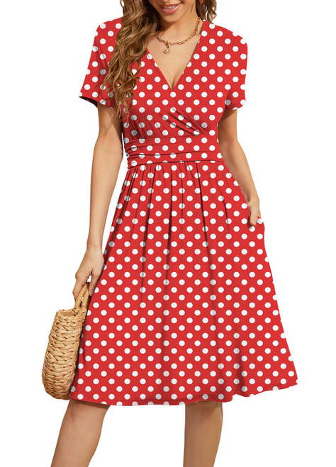 WEACZZY Women Summer Casual Short Sleeve Dresses Empire Waist Dress with Pockets, White Dot Red, Large WEACZZY Women Summer Casual Short Sleeve Dresses Empire Waist Dress with Pockets, White Dot Red, Large