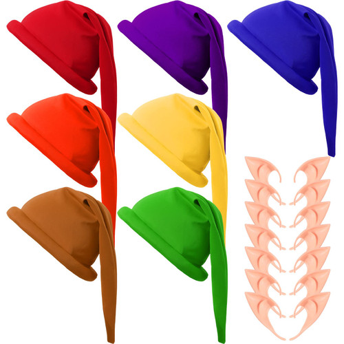 Unittype 14 Pcs Christmas Dwarf Costumes Set 7 Halloween Dwarf Hat Gnome Elf Hat 7 Fairy Pixie Elf Ears Fake Pointed Ears (Multicolor)