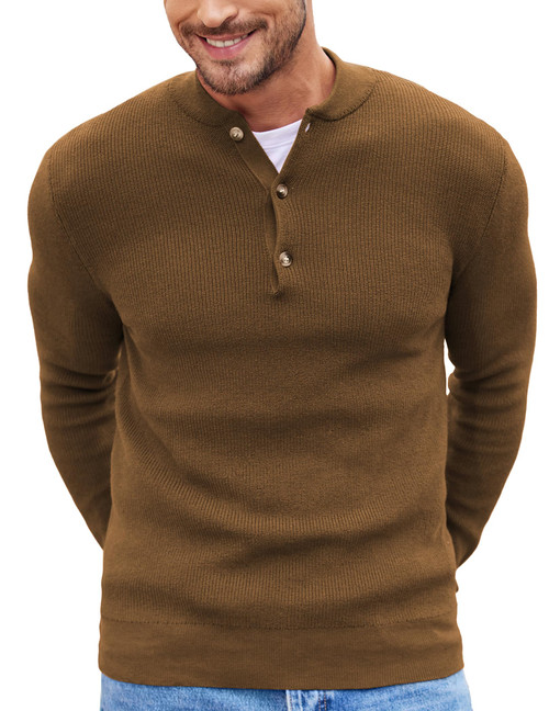 COOFANDY Men Henley Knit Sweater Pullover Long Sleeve Button Dress Casual Sweater Brown