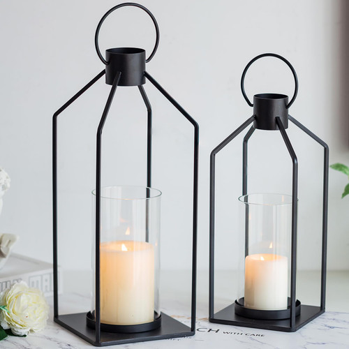 Romadedi Farmhouse Candle Lantern Outdoor Decor - Set of 2 Hurricane Glass Candle Holders Black Metal Lanterns Decorative Modern for Home Decor Indoor Front Porch Patio Table Fireplace Garden Romadedi Farmhouse Candle Lantern Outdoor Decor - Set of 2 Hurricane Glass Candle Holders Black Metal Lanterns Decorative Modern for Home Decor Indoor Front Porch Patio Table Fireplace Garden