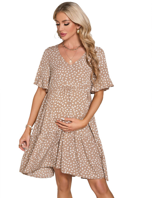 FUNJULY Maternity Dress Womens Casual Babydoll Dress Ruffle Short Sleeve V Neck Floral Printed Flowy Mini Short Tunic Dress Khaki M