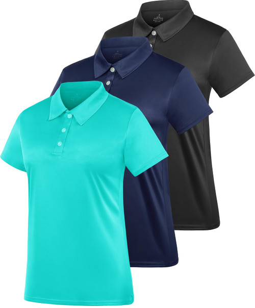 Women's Polo Tee Dry Fit Golf Shirt Moisture Wicking Short Sleeve Sport Activewear Golf Polo Tops Collar with Buttons Workout Black/Navy/Cyan L