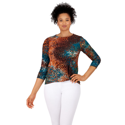Ruby Rd. Womens Petite Animal Jacquard Twist Top Teal Multi Size PS