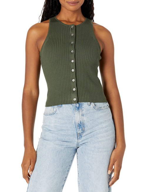 Calvin Klein Women's Ribbed Scoop Neck Button Tank Top, Thyme, Large