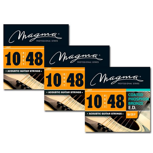 Magma Light Acoustic Guitar Strings - 10-48 Gauge Coated Phosphor Bronze Strings - 3 Acoustic guitar String Sets (.010" - .048") - GA120P