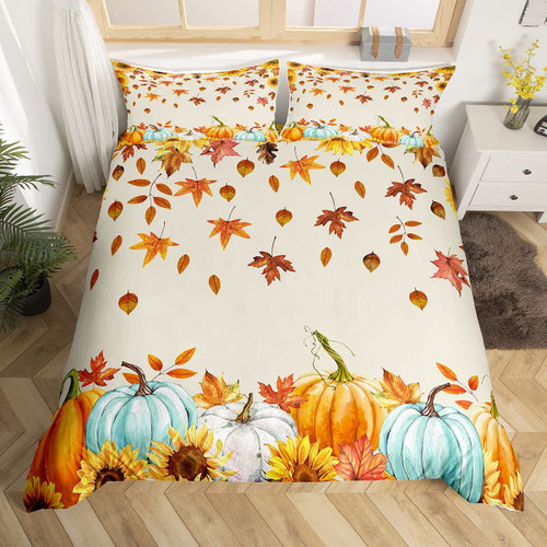 Fall Pumpkin Bedding Set For Home Queen Size Thanksgiving Harvest Season Decor Duvet Cover Autumn Fall Maple Leaf Comforter Cover For Kids Teen Adults,Rustic Farm Sunflower Bed Set 2 Pillow Cases