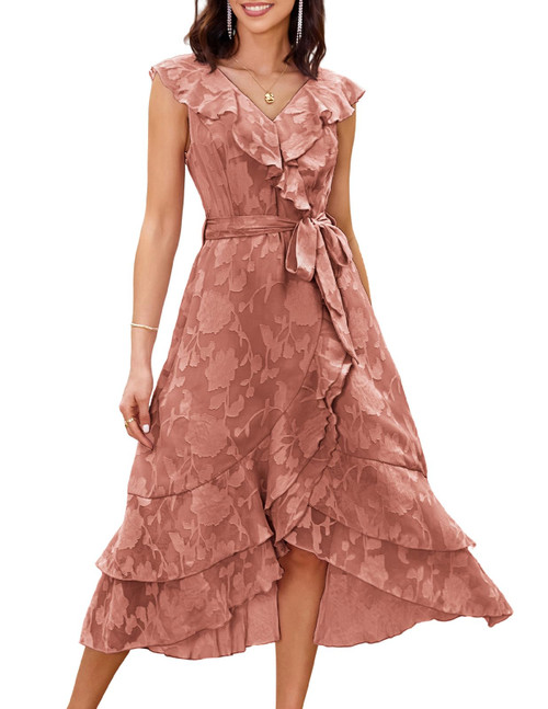 GRACE KARIN Women's Summer Chiffon V Neck Ruffle Midi Dress Floral Lace Long Beach Wrap Dress with Belt Pink L