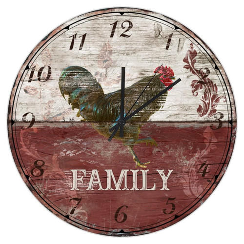 Wooden Clock Arabic Numerals Wood Wall Clock 12in No Ticking Sound Quartz Battery Operated Vintage Rooster Family Large Wall Clock Rustic Farmhouse Decorative Wall Clock for Bathroom Laundry Room Cafe