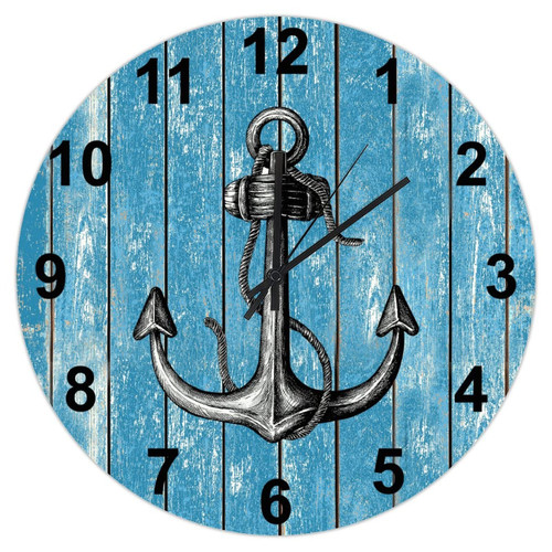 BESTORLOVE Nautical Anchor Hanging Clock 12in Vintage Ocean Wood Wall Clock Non Ticking Analog Quartz Battery Operated Clock Arabic Numerals Wooden Clock for Sewing Room Master Room Laundry Room Pub