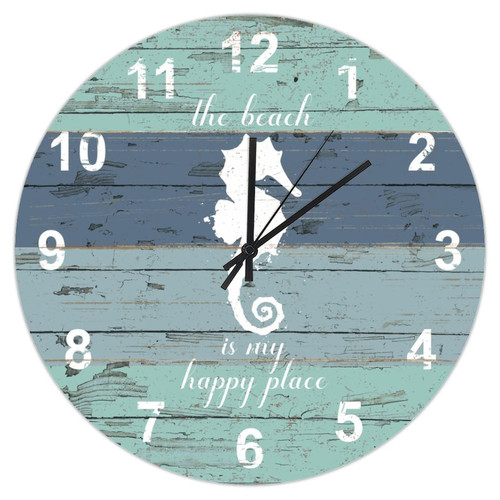 Ocean Sea Horse Wooden Clock 12in Nautical Stripes Wood Wall Clock Silent & Non-Ticking Quartz Battery Operated Clock Arabic Numerals Wooden Clock Decor for Table Sewing Room Laundry Room Man Cave