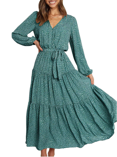 PRETTYGARDEN Women's Maxi Long Sleeve Dress 2023 Fall Fashion Chiffon Casual V Neck Ruffle Tiered Boho Long Flowy Dresses(Dark Green,Medium)