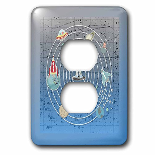 3dRose lsp_195892_6 Astronaut, Aliens, Space Ships, Moon, Earth, Saturn and Stars, Blue Light Switch Cover