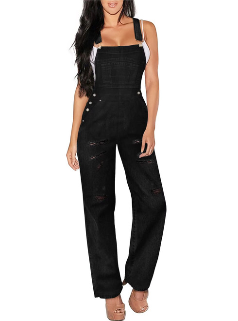 Hybrid & Company Womens Casual Destructed Adjustable Denim Jumpsuit Stretch Overalls Jeans Pants PVJ156999M BLACK RIPP S