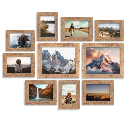 iRahmen Picture Frames 10 Pack, Gallery Wall Collage frame with Two 8x10, Four 5x7, Four 4x6, Photo Frame set for Hanging or Tabletop Display, Real Glass, Rustic Brown