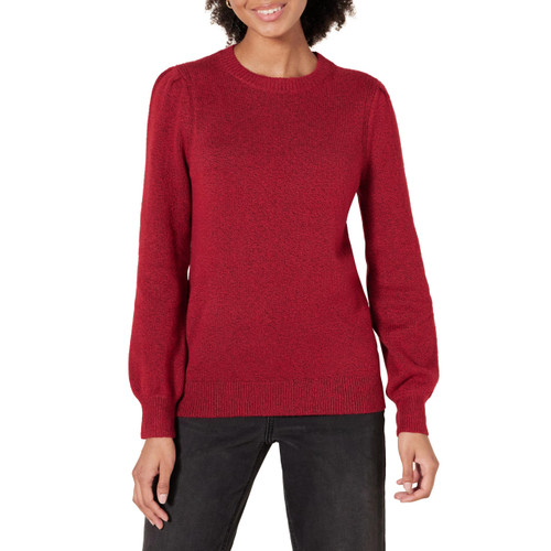 Amazon Essentials Women's Soft Touch Pleated Shoulder Crewneck Sweater, Dark Red, Small