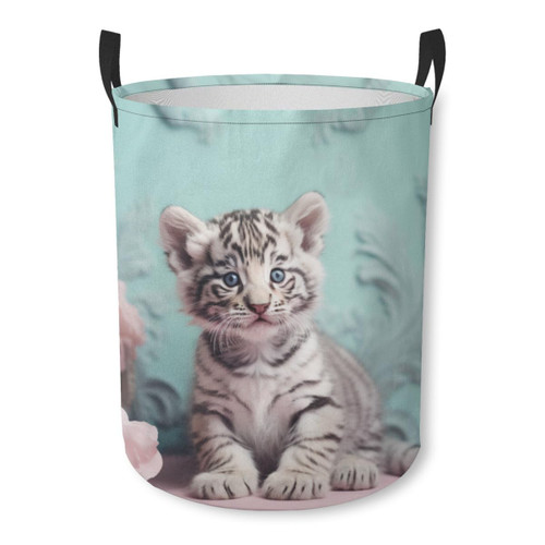 Cute White Baby Tiger Waterproof Foldable Storage Bin, Dirty Clothes Laundry Basket, Canvas Organizer Basket for Laundry Hamper, Toy Bins, Gift Baskets, Bedroom, Clothes, Kids Hamper