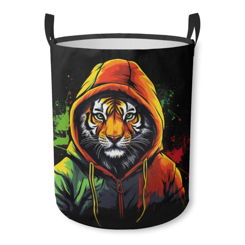 Cute Tiger In Hoody Waterproof Foldable Storage Bin, Dirty Clothes Laundry Basket, Canvas Organizer Basket for Laundry Hamper, Toy Bins, Gift Baskets, Bedroom, Clothes, Kids Hamper