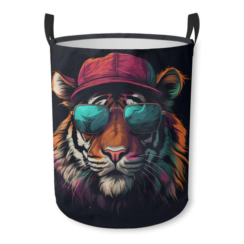 Cool Tiger In Sunglasses Waterproof Foldable Storage Bin, Dirty Clothes Laundry Basket, Canvas Organizer Basket for Laundry Hamper, Toy Bins, Gift Baskets, Bedroom, Clothes, Kids Hamper