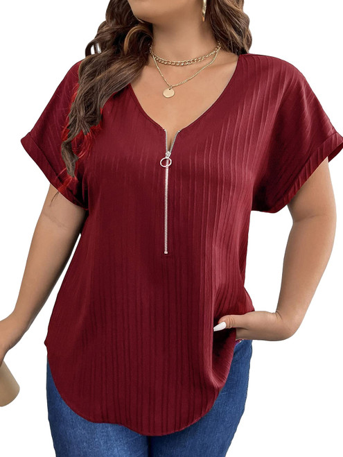 SOLY HUX Women's Plus Size V Neck Half Zip Short Sleeve Casual Blouse Tops Plain Burgundy 2XL