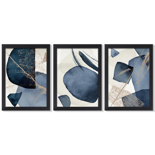 QTESPEII Black Framed Canvas Prints Wall Art for Living Room Abstract Geometric Art Decor Simple Blue Beige Blocks Pictures Nordic Minimalist Artwork for Home Office Wall Decoration, 12"x16"x3 Pieces