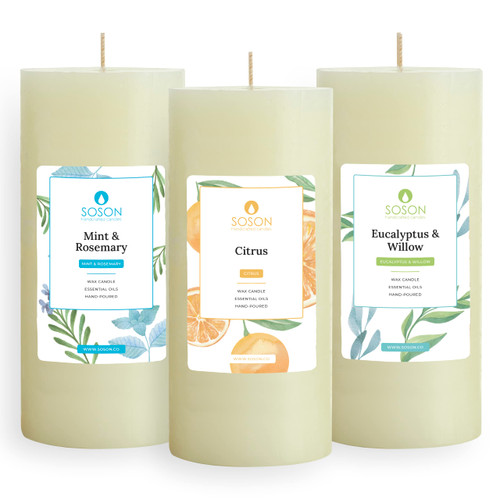 Simply Soson 3x6 in. Ivory Scented Candles Set of 3 - Citrus Mint Rosemary, Eucalyptus, Willow - Home Aromatherapy Decor