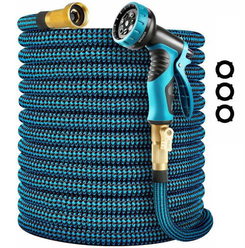 Expandable Garden Hose 50 ft - New Flexible Water Hose 50ft with 10 Pattern Spray Nozzle, 3/4 Solid Brass Connectors, Retractable Latex Core - Kink Free Lightweight Expanding Hose