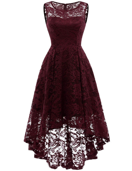 MUADRESS Women's Elegant Floral Lace Dress Sleeveless Crew Neck Hi-Lo Cocktail Dress for Evening Party Burgundy S MUADRESS Women's Elegant Floral Lace Dress Sleeveless Crew Neck Hi-Lo Cocktail Dress for Evening Party Burgundy S