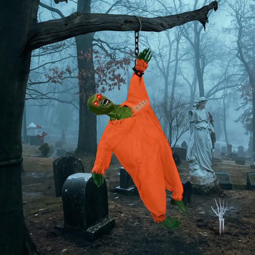 Halloween Decorations Outdoor Scary,35 Inch Halloween Hanging Zombie Decoration with Scary Red LED Eyes Sound Effects Animatronics Pendant Chained Prisoner Haunted House for Indoor Outdoor Garden Yard