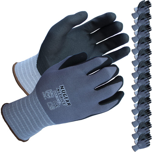Nugear NBK3416 Safety Work Gloves-12 Pairs, MicroFoam Nitrile Coated Work Gloves, Nylon Gloves, Firm Grip Working Gloves (Gray, 12 Pairs, Medium)