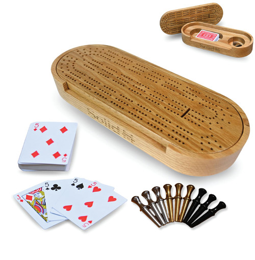 Premium Oak Cribbage Board Game Set -Unique Cribbage Board Includes Playing Cards, Metal Cribbage Pegs, Instructions, & More - Beautiful Design Cribbage Board Set - Cribbage Set- Travel Cribbage Board