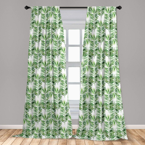 Lunarable Palm Tree Curtains, Watercolor Tropical Tree Branches Evergreen Leaf Featured Plant Design, Window Treatments 2 Panel Set for Living Room Bedroom, Pair of - 28" x 95", Green
