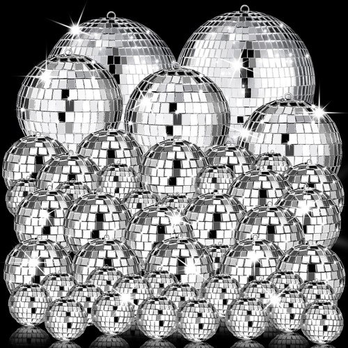 54 Pcs Disco Ball, Hanging Disco Ball Decor Ornaments Mini Silver Disco Ball Cake Topper Mirror Ball Decorations 71s Disco Themed Party Wedding Christmas Supplies