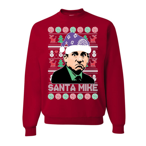 wild custom apparel Santa Mike Michael Scott The Office Ugly Christmas Crewneck Sweatshirt, Red, Large