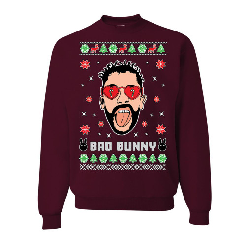 wild custom apparel Music Hip Hop Rapper Ugly Christmas Crewneck Sweatshirt, Maroon, Medium