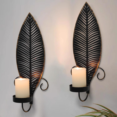 PHIROWN Sconces Wall Decor Set of 2, Rustic Wall Sconces Candle Holder Set with Leaf Design, Farmhouse Metal Sconces Wall Decor, Decorative Candle Sconces Set of Two for Living Room, Bedroom, Hallway