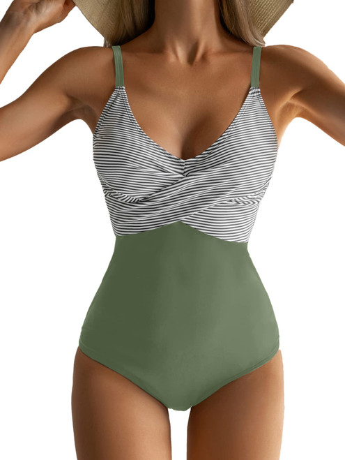 B2prity Women's One Piece Swimsuits Tummy Control Front Cross Bathing Suits Slimming Swimsuit V Neck Swimwear Monokini