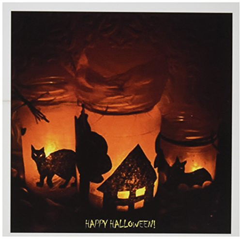 3dRose Halloween Cat, House and Bat Luminaries - Greeting Cards, 6 x 6 inches, set of 12 (gc_6025_2)