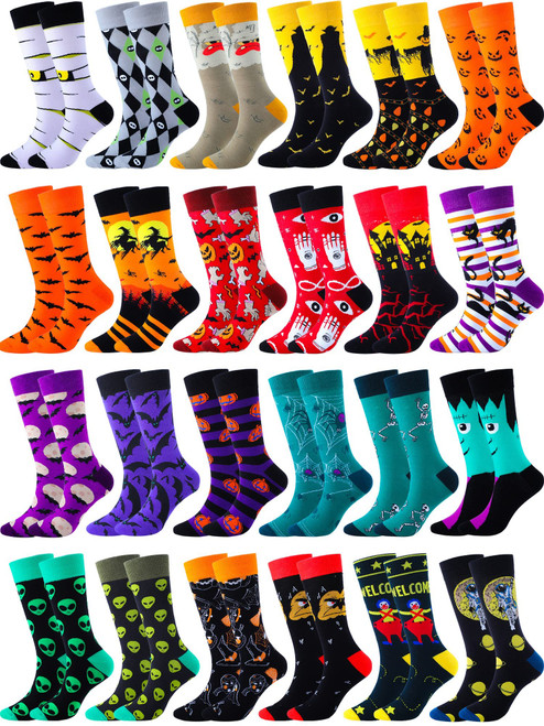 24 Pairs Halloween Socks for Women and Men Novelty Crew Socks Pumpkin Spider Skeleton Skull Socks Halloween Gifts, Colorful Style
