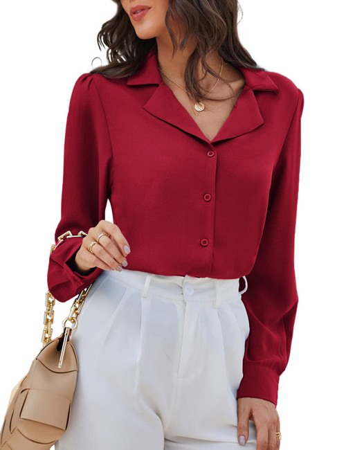 GRACE KARIN Womens Button Down Shirt Long Sleeve Work Business Office Casual V Neck Top Blouses Wine Red M