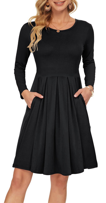 AUSELILY Long Sleeve Dresses for Women Knee Length Empire Waist Casual Dress with Pockets (L, New Black) AUSELILY Long Sleeve Dresses for Women Knee Length Empire Waist Casual Dress with Pockets (L, New Black)