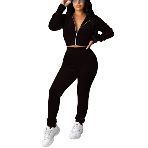 PINSV 2 Piece Outfits Velour Tracksuit For Women Zip Up Hoodie Velvet Jogging Sweatsuit Workout Sets Solid Black L