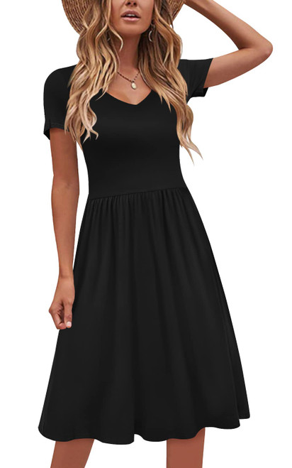 DB MOON Women Casual Dresses V Neck Short Sleeve Empire Waist Knee Length Beach Dress with Pockets (Black, L) DB MOON Women Casual Dresses V Neck Short Sleeve Empire Waist Knee Length Beach Dress with Pockets (Black, L)