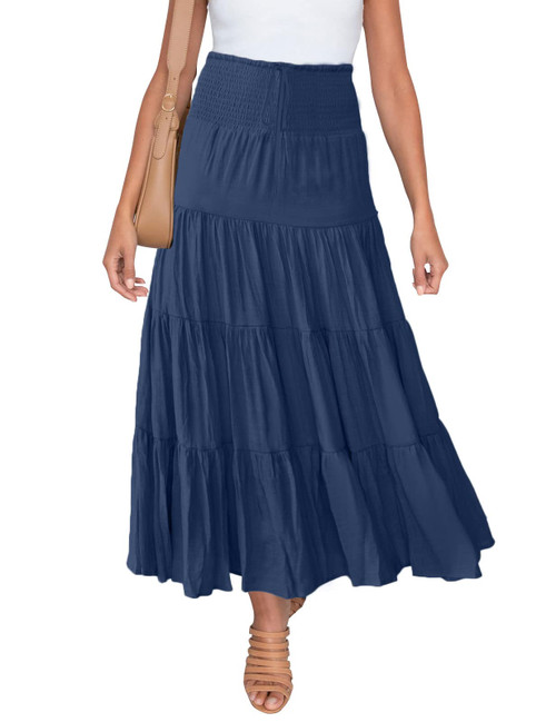 HAEOF Women's Summer Elastic High Waist Boho Maxi Skirt Casual Drawstring A Line Long Skirt Navy Large