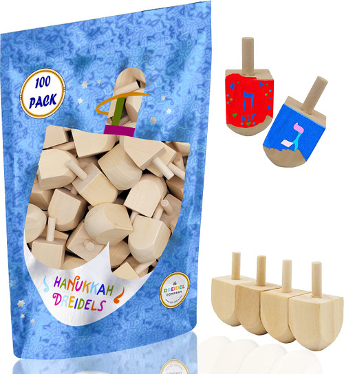 Hanukkah Wood Dreidels, Design Your Own Game, DIY 1.5" Inch Unfinished Natural Wooden Chanukkah Dreidels (100-Pack)
