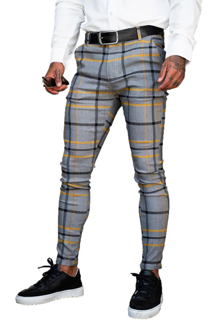 GINGTTO Mens Chinos Pants Slim Fit Stretch Plaid Slacks for Men Casual Skinny Tartan Pants Grey 32x30