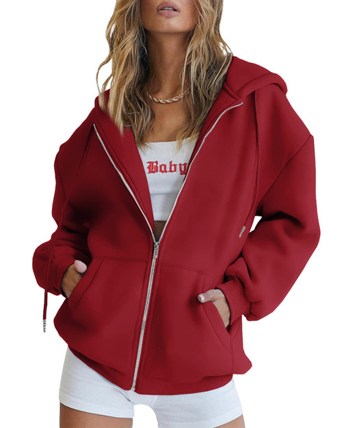 EFAN Women's Hoodies 2023 Teen Outfit Casual Jacket Oversized Y2k Sweatshirts Long Sleeve Shirts Zip Up Teen Girl Hoodie Red