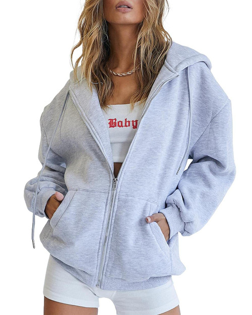 Trendy Queen Hoodies for Women Fall Clothes 2023 Zip up Oversized Sweatshirt Fleece Jackets Long Sleeve Comfy Winter Teen Girls Fashion Cute Y2K Clothing Grey